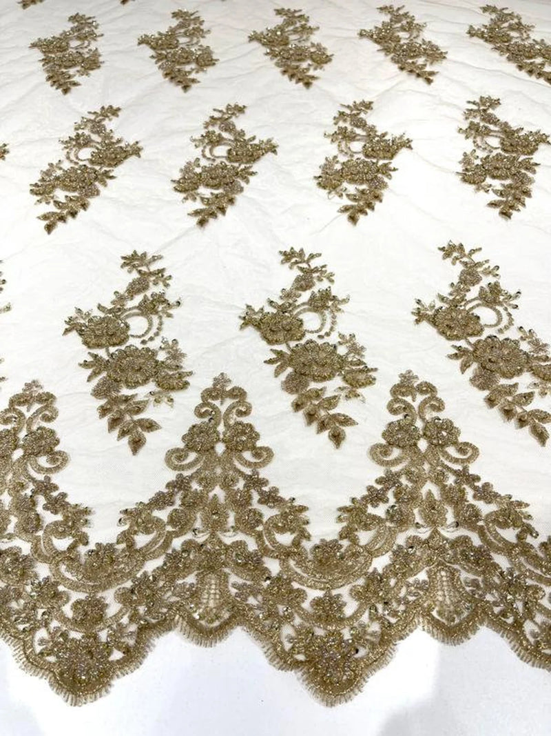 Floral Cluster Beaded Fabric - Gold - Embroidered Flower Beaded Fabric Sold By The Yard