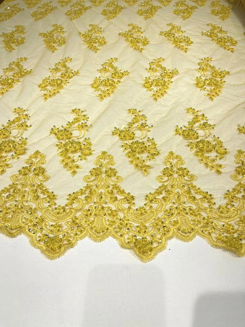 Floral Cluster Beaded Fabric - Yellow - Embroidered Flower Beaded Fabric Sold By The Yard
