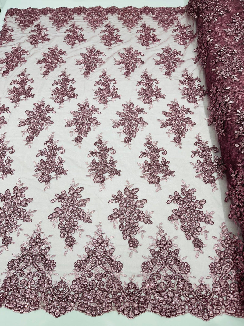 Flower Cluster Fabric - Dusty Rose - Embroidered Floral Design With Sequins on Mesh Lace Fabric