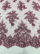 Flower Cluster Fabric - Dusty Rose - Embroidered Floral Design With Sequins on Mesh Lace Fabric