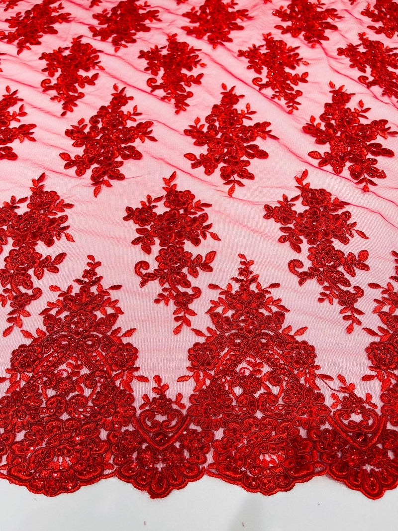 Flower Cluster Fabric - Red - Embroidered Floral Design With Sequins on Mesh Lace Fabric
