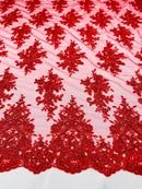 Flower Cluster Fabric - Red - Embroidered Floral Design With Sequins on Mesh Lace Fabric