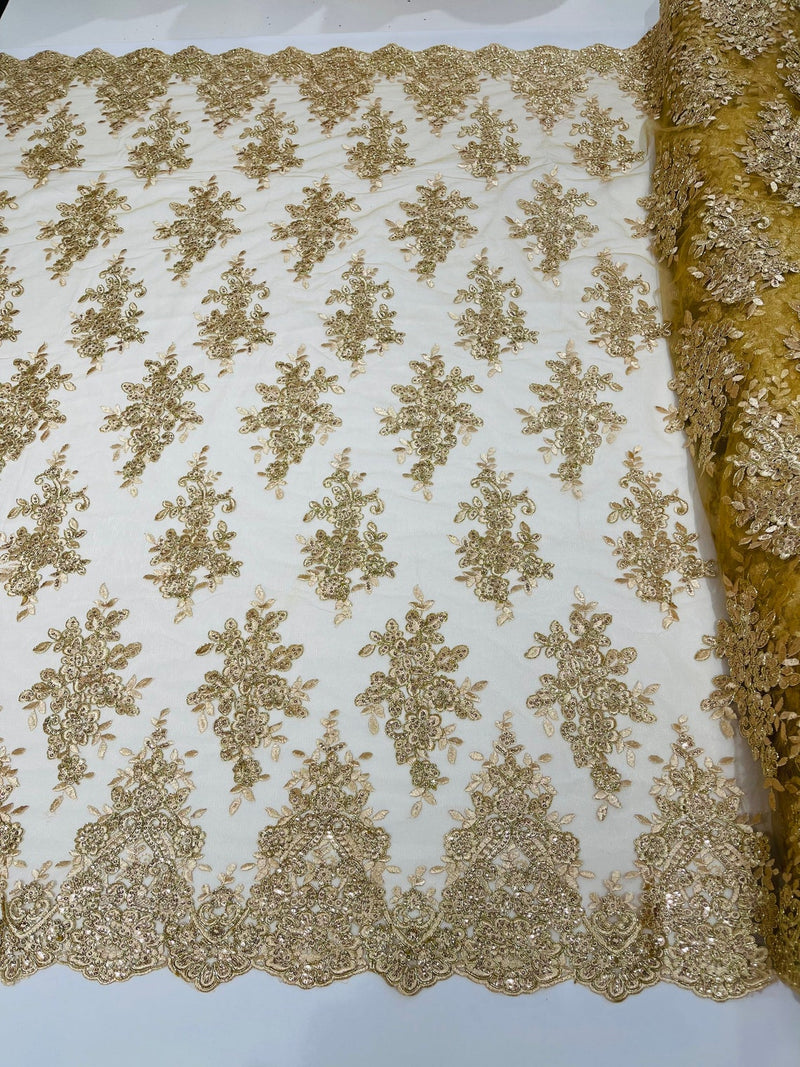 Flower Cluster Fabric - Champagne with Metallic Thread - Floral Sequins Design on Mesh Lace Fabric