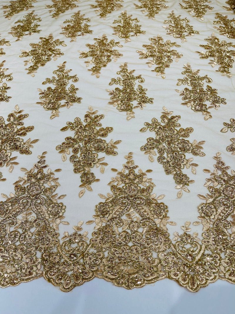 Flower Cluster Fabric - Champagne with Metallic Thread - Floral Sequins Design on Mesh Lace Fabric