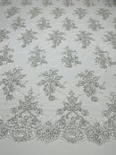 Flower Cluster Fabric - White/Silver with Metallic Thread Floral Sequins Design on Mesh Lace Fabric