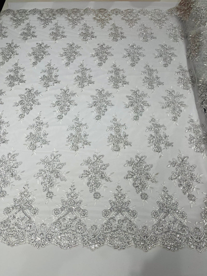 Flower Cluster Fabric - White/Silver with Metallic Thread Floral Sequins Design on Mesh Lace Fabric