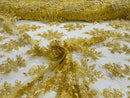Flower Cluster Fabric - Gold with Metallic Thread - Floral Sequins Design on Mesh Lace Fabric