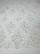 Flower Cluster Fabric - White  - Embroidered Floral Design With Sequins on Mesh Lace Fabric