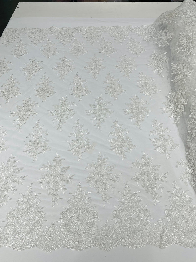 Flower Cluster Fabric - White  - Embroidered Floral Design With Sequins on Mesh Lace Fabric