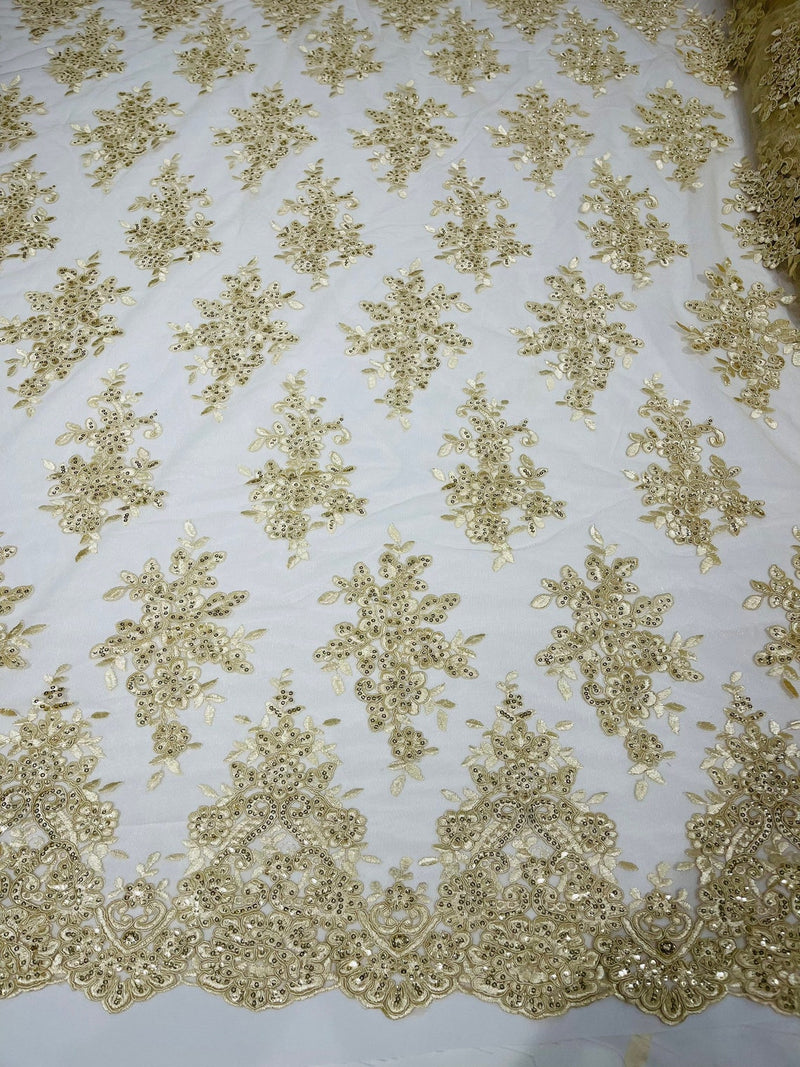 Flower Cluster Fabric - Light Champagne - Embroidered Floral Design With Sequins on Mesh Lace Fabric