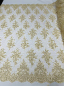 Flower Cluster Fabric - Light Champagne - Embroidered Floral Design With Sequins on Mesh Lace Fabric