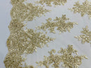 Flower Cluster Fabric - Light Champagne - Embroidered Floral Design With Sequins on Mesh Lace Fabric
