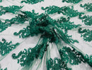 Flower Lace Fabric - Hunter Green with Metallic Thread - Floral Cluster Embroidered Design on Mesh Lace Fabric