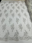 Flower Lace Fabric - White/Silver with Metallic Thread - Floral Cluster Embroidered Design on Mesh Lace