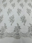 Flower Lace Fabric - White/Silver with Metallic Thread - Floral Cluster Embroidered Design on Mesh Lace