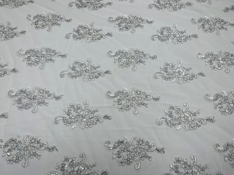 Flower Lace Fabric - White/Silver with Metallic Thread - Floral Cluster Embroidered Design on Mesh Lace