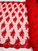 Flower Lace Fabric - Red with Metallic Thread - Floral Cluster Embroidered Design on Mesh Lace Fabric