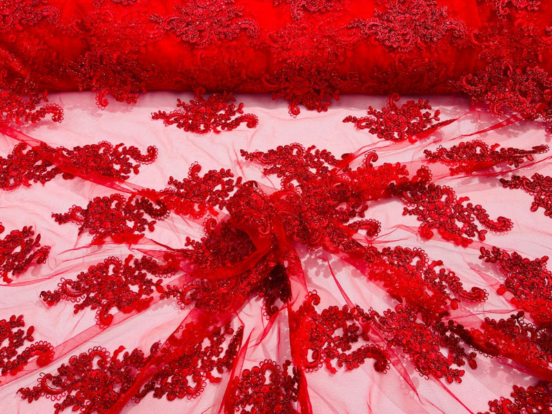 Flower Lace Fabric - Red with Metallic Thread - Floral Cluster Embroidered Design on Mesh Lace Fabric