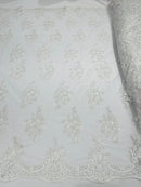Flower Lace Fabric - White - Floral Cluster Embroidered Design on Mesh Lace Fabric