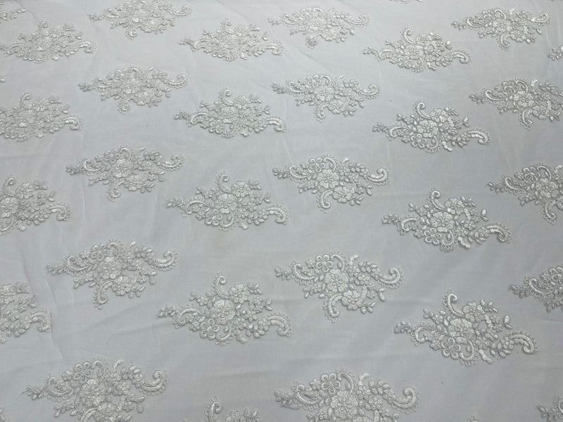 Flower Lace Fabric - White - Floral Cluster Embroidered Design on Mesh Lace Fabric