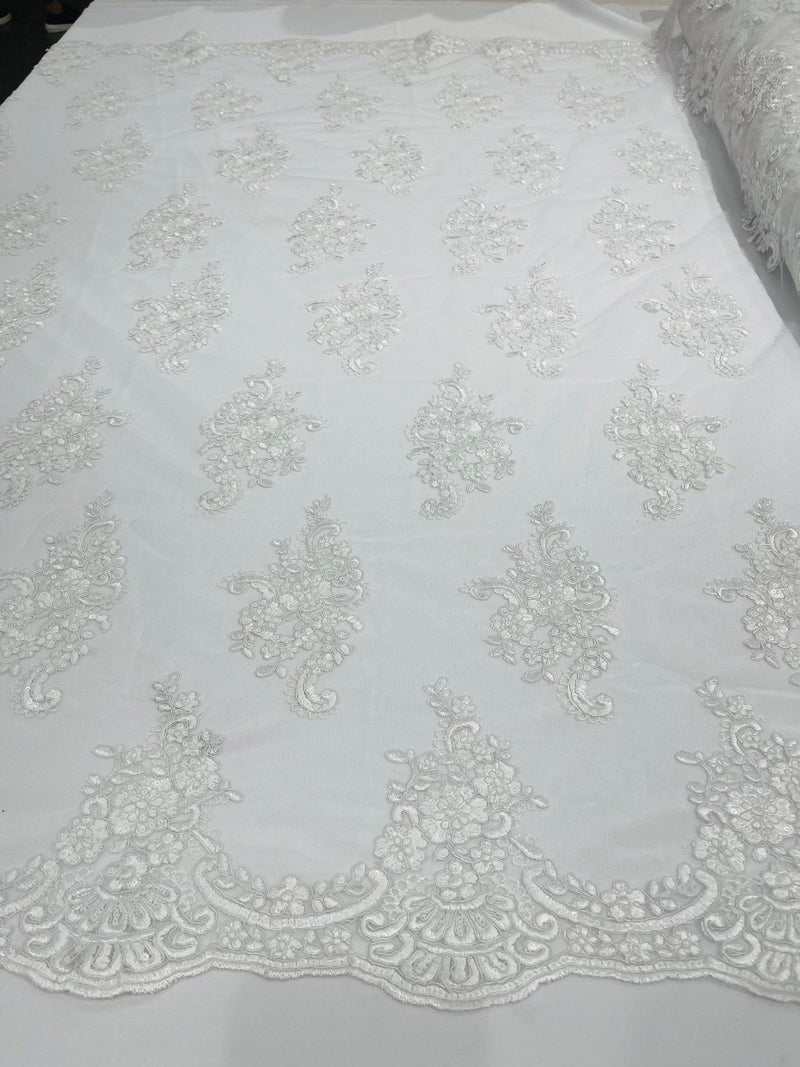 Flower Lace Fabric - White - Floral Cluster Embroidered Design on Mesh Lace Fabric