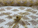 Flower Lace Fabric - Gold Rose with Metallic Thread - Floral Cluster Embroidered Design on Mesh Lace Fabric