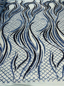Sequins Fabric - Two Tone Light Blue/ Black - Wavy Lines Geometric Design 4 Way Stretch Sold By Yard