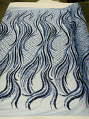 Sequins Fabric - Two Tone Light Blue/ Black - Wavy Lines Geometric Design 4 Way Stretch Sold By Yard