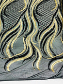 Sequins Fabric - Two Tone Black/Matte Gold - Wavy Lines Geometric Design 4 Way Stretch Sold By Yard