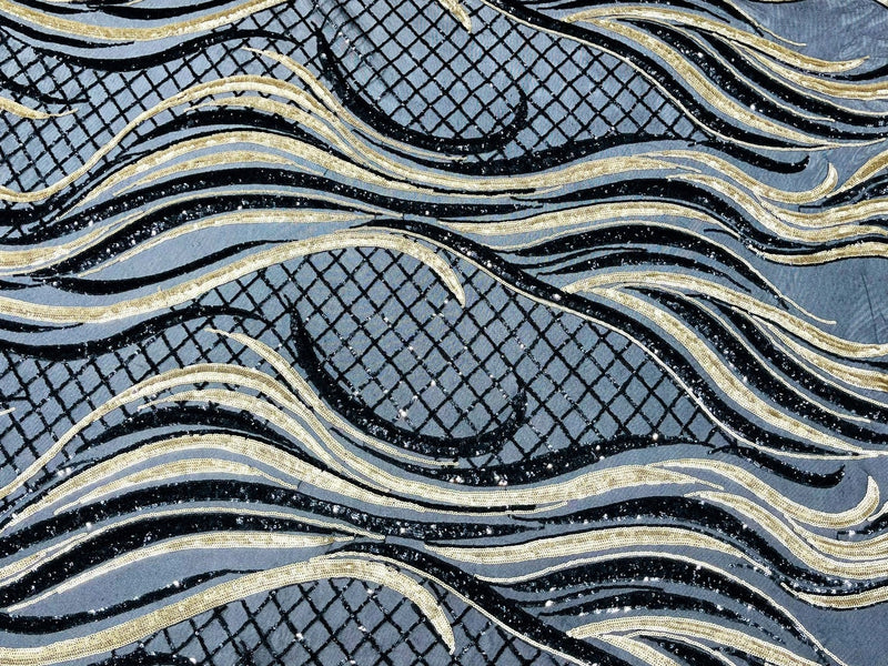 Sequins Fabric - Two Tone Black/Matte Gold - Wavy Lines Geometric Design 4 Way Stretch Sold By Yard