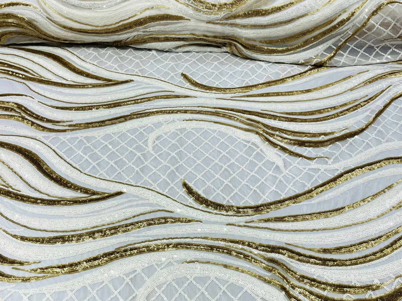 Sequins Fabric - Two Tone White / Matte Gold Wavy Lines Geometric Design 4 Way Stretch Sold By Yard