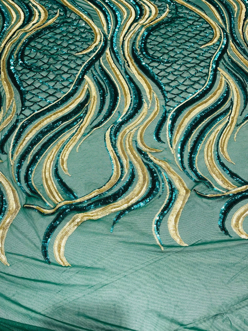 Sequins Fabric - Two Tone Hunter Green/ Matte Gold - Wavy Lines Geometric Design 4 Way Stretch Sold By Yard