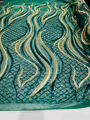Sequins Fabric - Two Tone Hunter Green/ Matte Gold - Wavy Lines Geometric Design 4 Way Stretch Sold By Yard