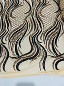 Sequins Fabric - Two Tone Rose Gold / Black - Wavy Lines Geometric Design 4 Way Stretch Sold By Yard