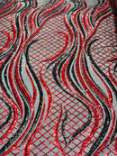 Sequins Fabric - Two Tone Red / Black - Wavy Lines Geometric Design 4 Way Stretch Sold By Yard