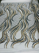 Sequins Fabric - Two Tone Silver / Gold Wavy Lines Geometric Design 4 Way Stretch Sold By Yard
