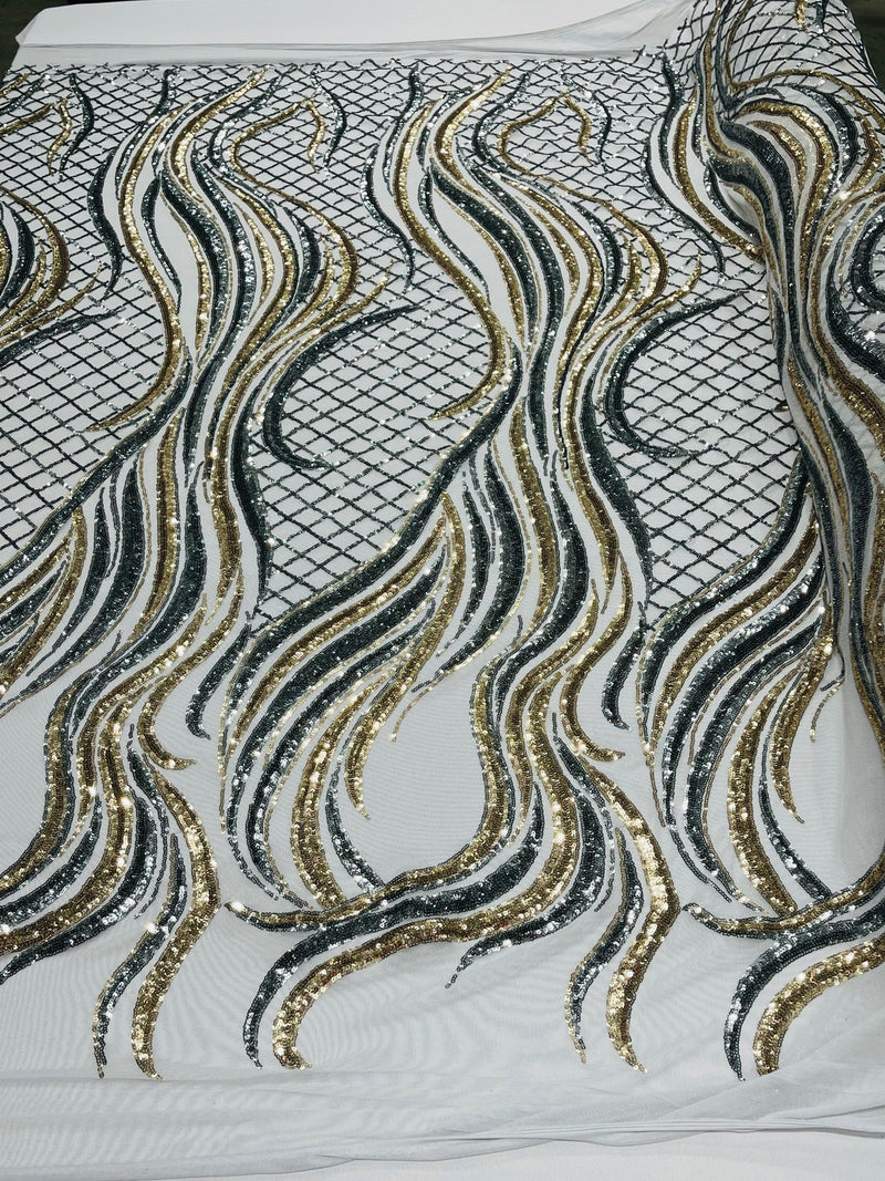 Sequins Fabric - Two Tone Silver / Gold Wavy Lines Geometric Design 4 Way Stretch Sold By Yard