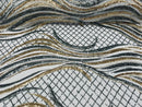 Sequins Fabric - Two Tone Silver / Gold Wavy Lines Geometric Design 4 Way Stretch Sold By Yard
