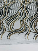 Sequins Fabric - Two Tone Silver / Gold Wavy Lines Geometric Design 4 Way Stretch Sold By Yard