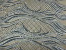 Sequins Fabric - Two Tone Silver Wavy Lines Geometric Design 4 Way Stretch Sold By Yard