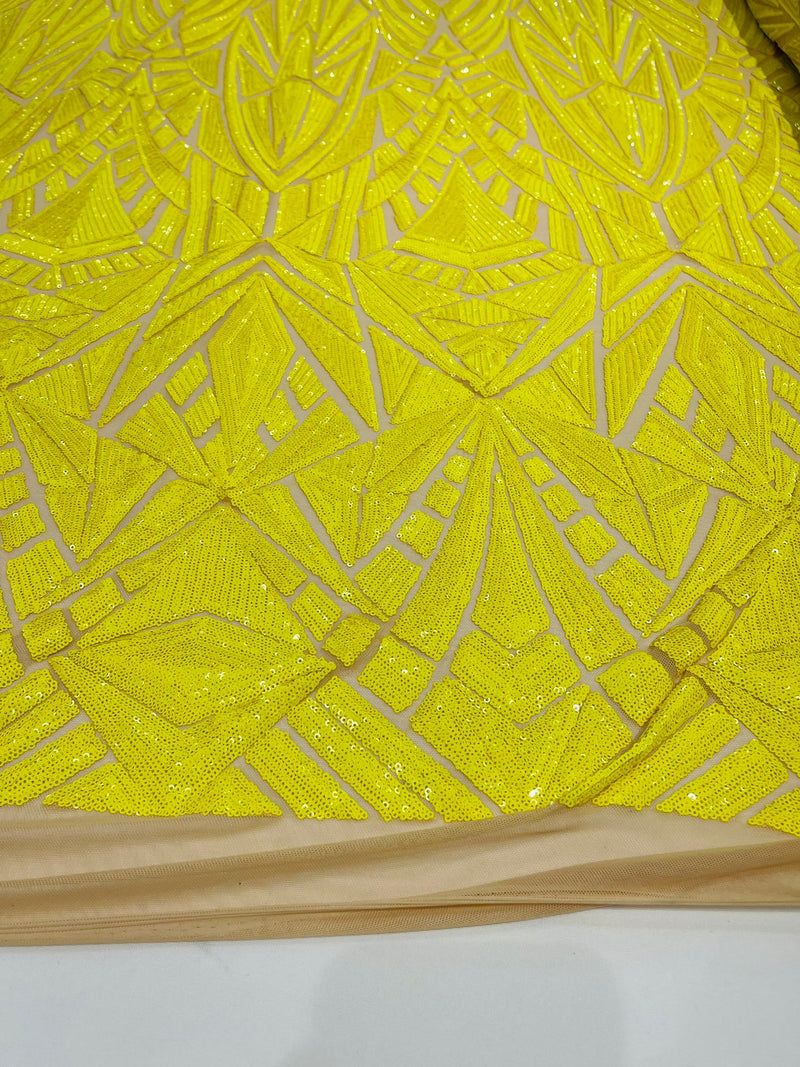 Sequins Fabric - Yellow - Geometric Pattern Design 4 Way Stretch Sold By Yard
