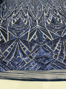 Sequins Fabric - Navy Blue - Geometric Pattern Design 4 Way Stretch Sold By Yard