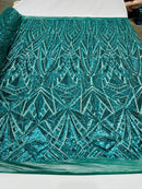 Sequins Fabric - Hunter Green - Geometric Pattern Design 4 Way Stretch Sold By Yard