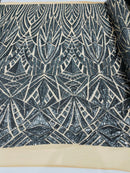 Sequins Fabric - Charcoal - Geometric Pattern Design 4 Way Stretch Sold By Yard