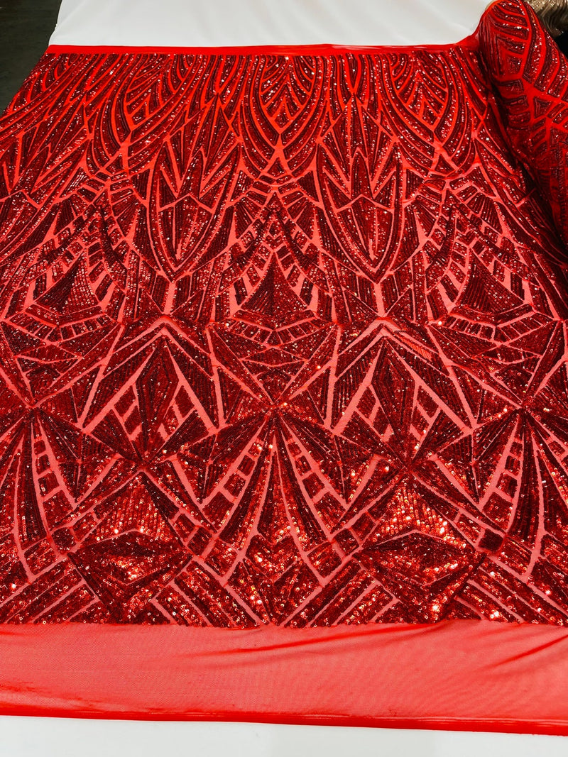 Sequins Fabric - Red - Geometric Pattern Design 4 Way Stretch Sold By Yard