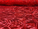Sequins Fabric - Red - Geometric Pattern Design 4 Way Stretch Sold By Yard