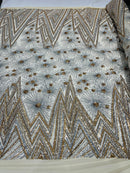 Geometric Fabric - Silver/ Gold - Sequins Triangle Pattern Design 4 Way Stretch Sold By Yard