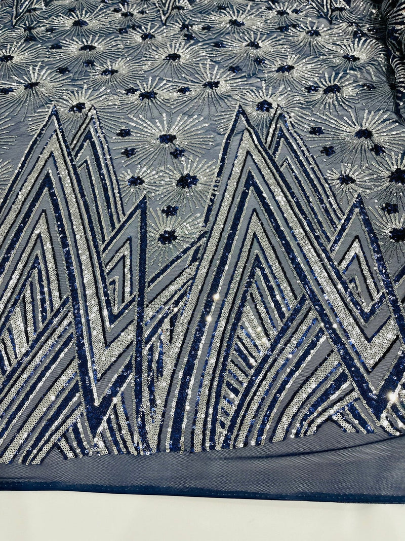 Geometric Fabric - Navy / Silver - Sequins Triangle Pattern Design 4 Way Stretch Sold By Yard
