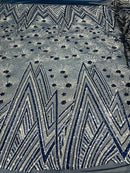 Geometric Fabric - Navy / Silver - Sequins Triangle Pattern Design 4 Way Stretch Sold By Yard