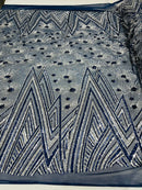 Geometric Fabric - Navy / Silver - Sequins Triangle Pattern Design 4 Way Stretch Sold By Yard